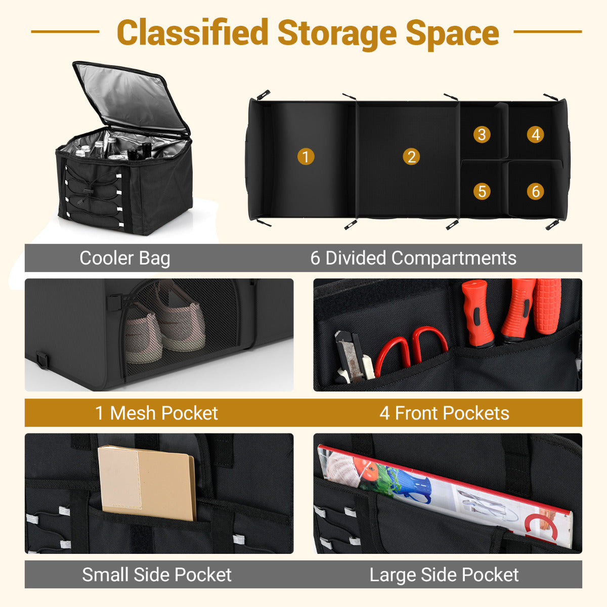 67 L Car Trunk Organizer with Lid 3-Compartment Portable Storage Box-Black