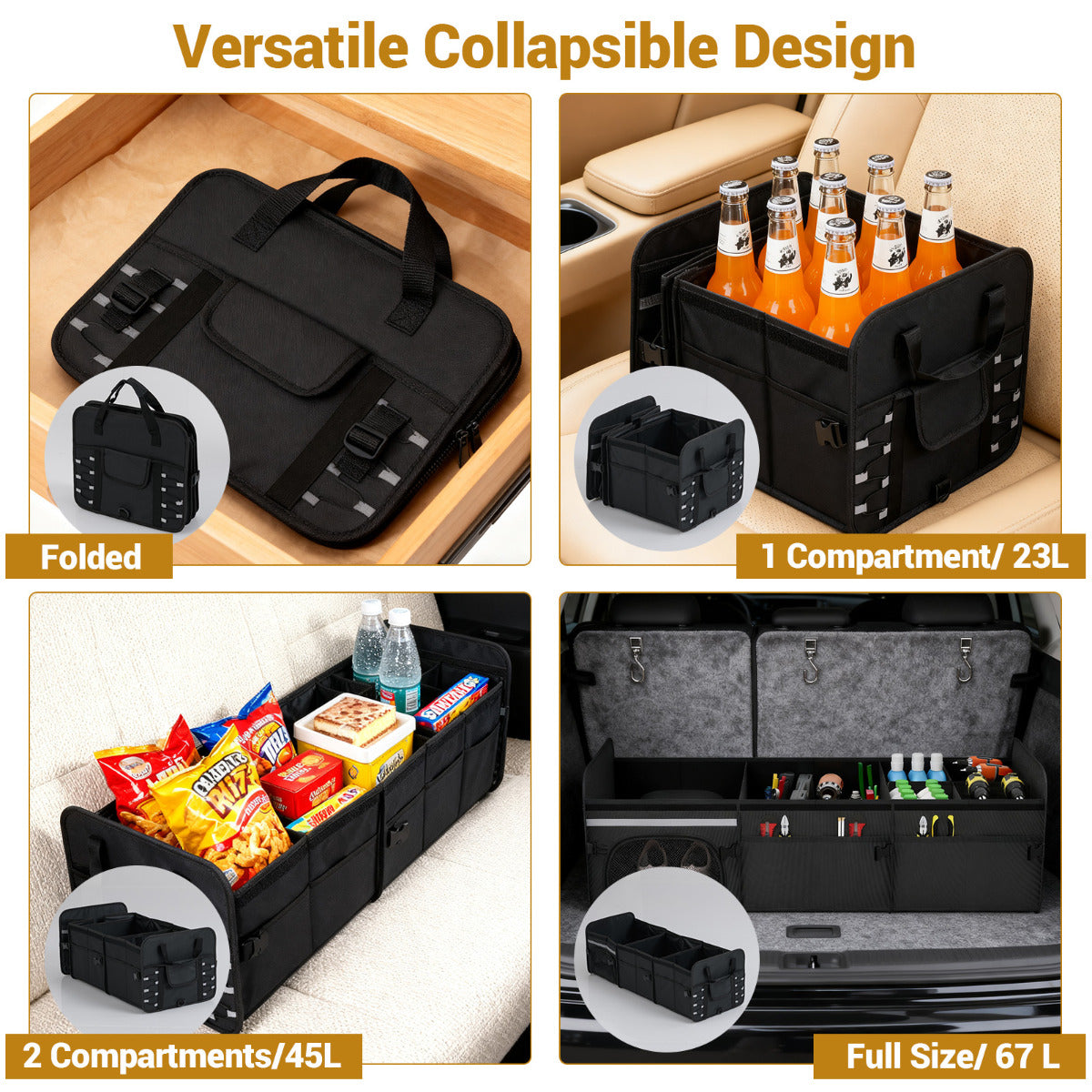 67 L Car Trunk Organizer with Lid 3-Compartment Portable Storage Box-Black