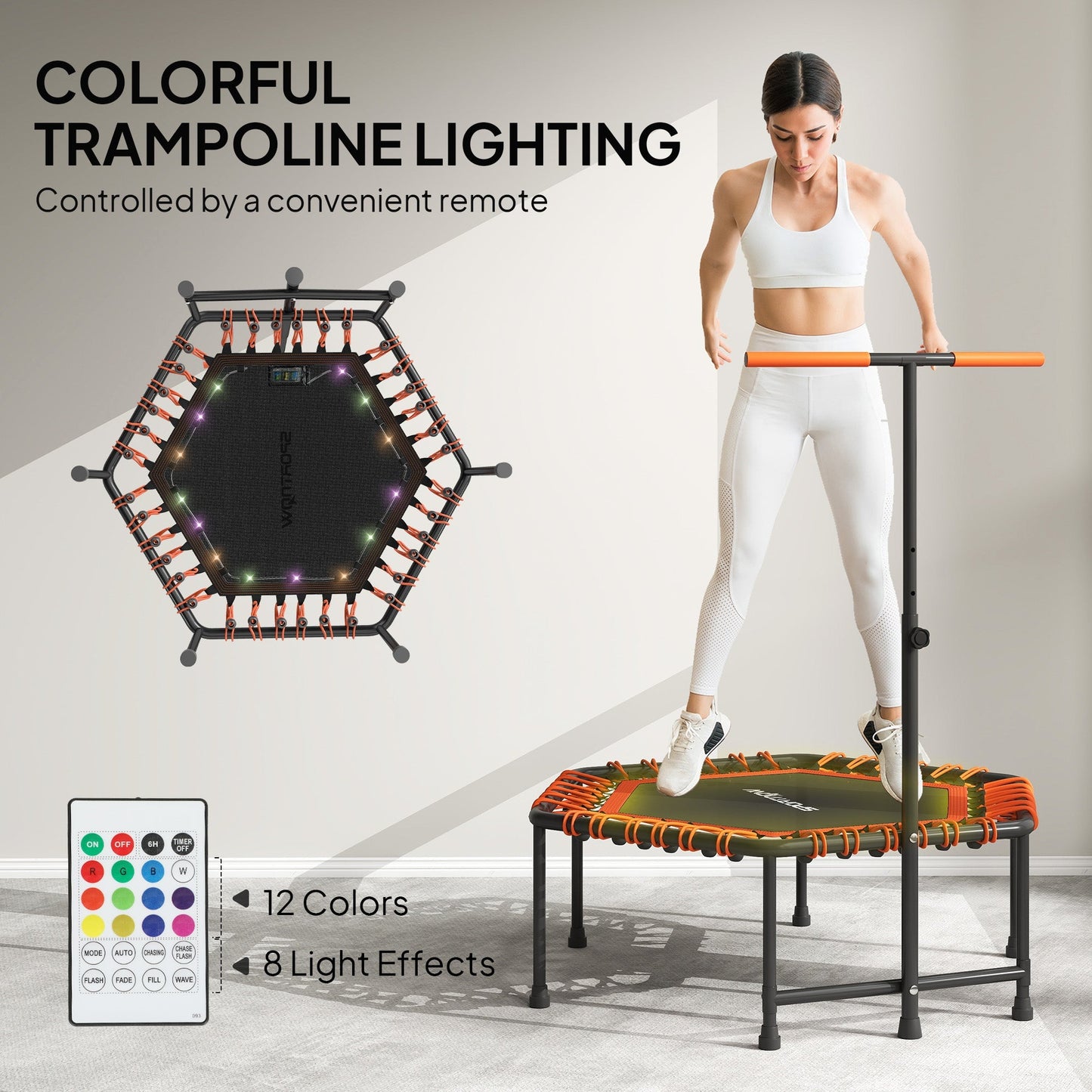 SPORTNOW 45" Rebounder Trampoline for Adults, Quiet Bungee Rebounder with LED Lights and Adjustable Handle, Orange