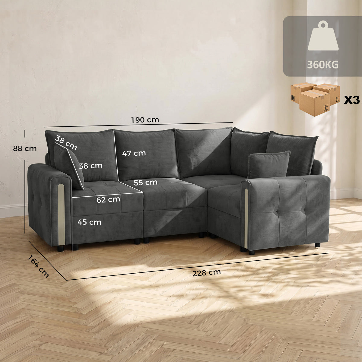 HOMCOM 228cm L Shaped Sofa with Lift-Up Storage, 3-Seater Sectional Sofa with Wide Deep Seat, Dark Grey