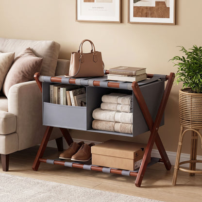 68 cm Foldable Bamboo Luggage Rack with Removable 2-Compartment Storage Bag-Rustic Brown
