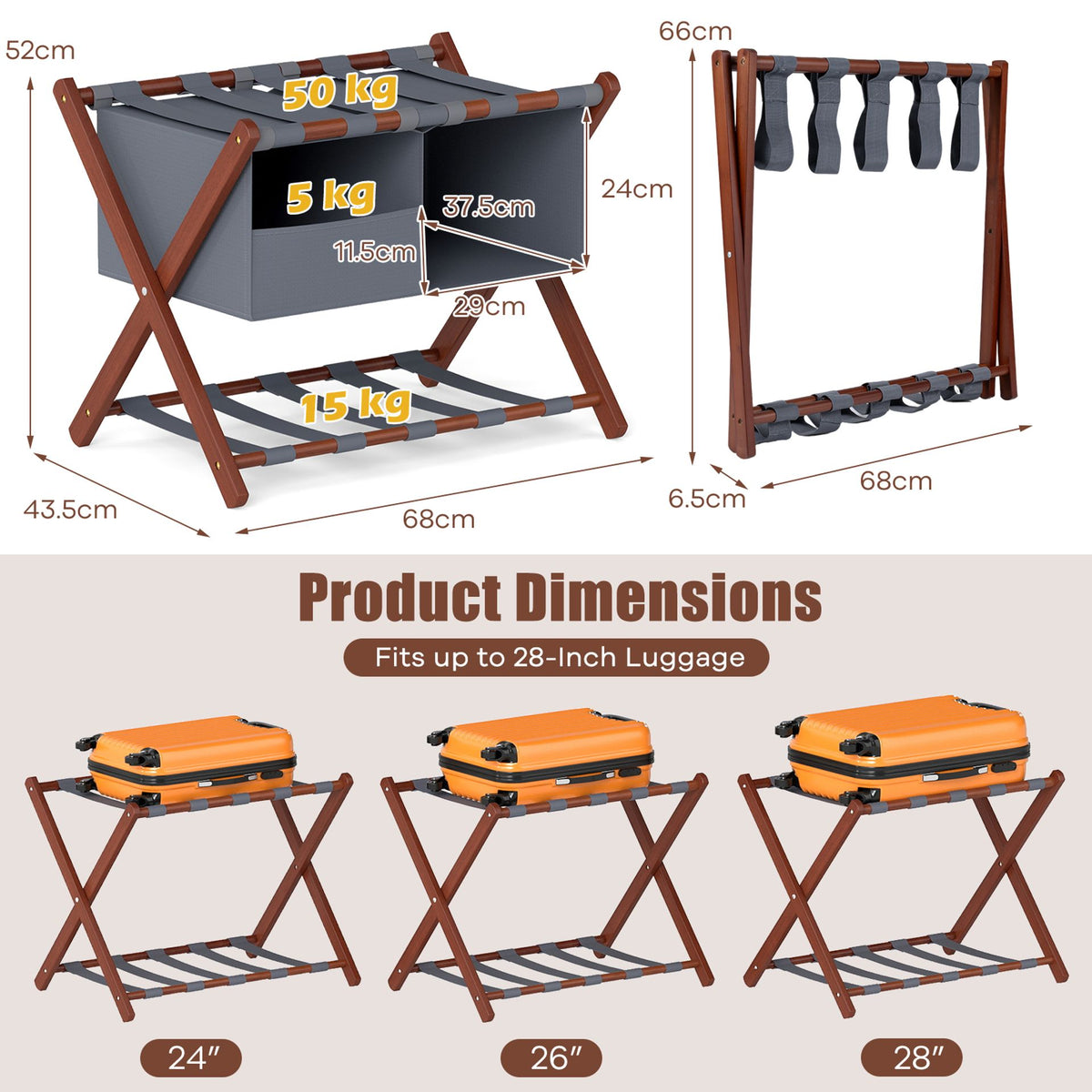 68 cm Foldable Bamboo Luggage Rack with Removable 2-Compartment Storage Bag-Rustic Brown