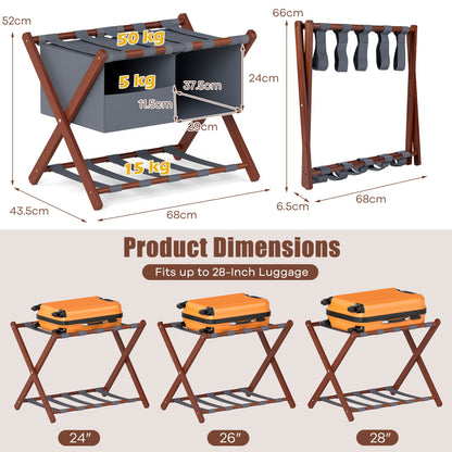 68 cm Foldable Bamboo Luggage Rack with Removable 2-Compartment Storage Bag-Rustic Brown