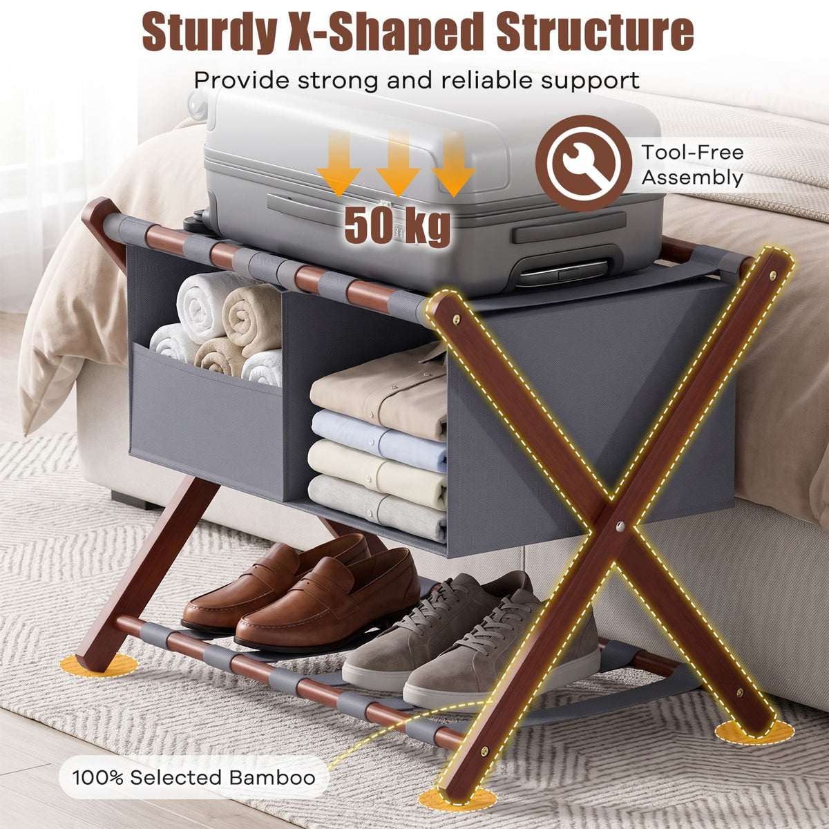 68 cm Foldable Bamboo Luggage Rack with Removable 2-Compartment Storage Bag-Rustic Brown
