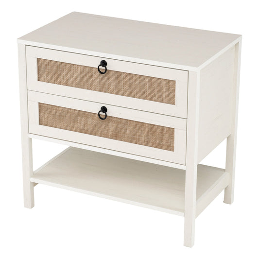 68 cm Wide Boho Rattan Nightstand with 2 Drawers and Open Storage Shelf-White