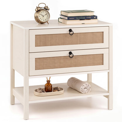 68 cm Wide Boho Rattan Nightstand with 2 Drawers and Open Storage Shelf-White
