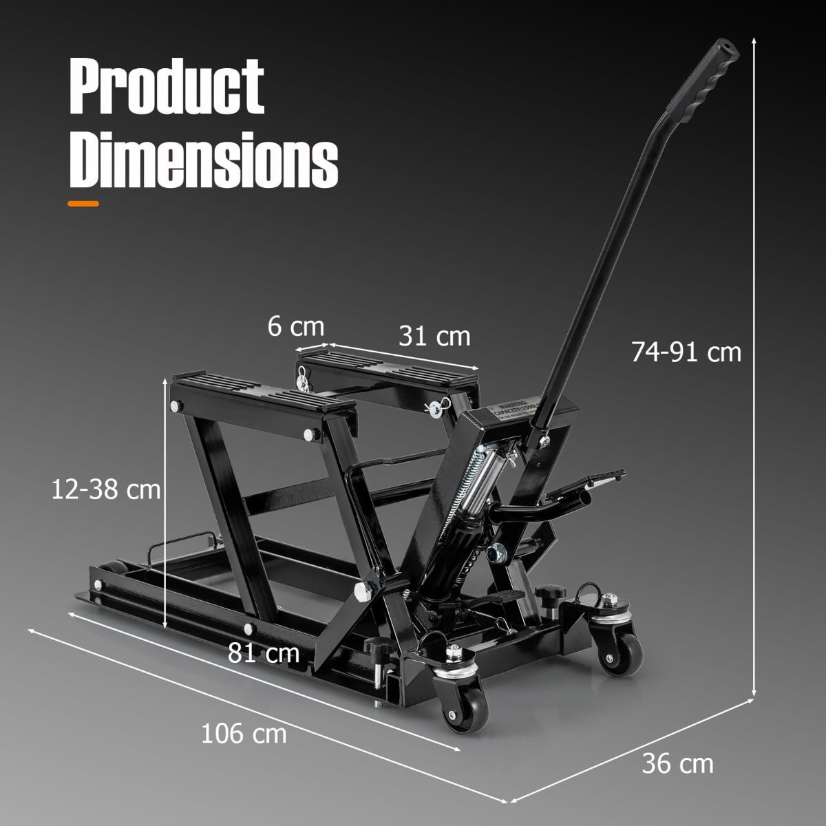 680KG Motorcycle Lift Jack with 4 Wheels and Footplates-Black