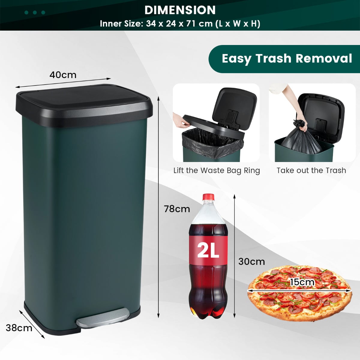 68L Step Trash Can with Soft Close Lid and Deodorizer Compartment-Dark Green