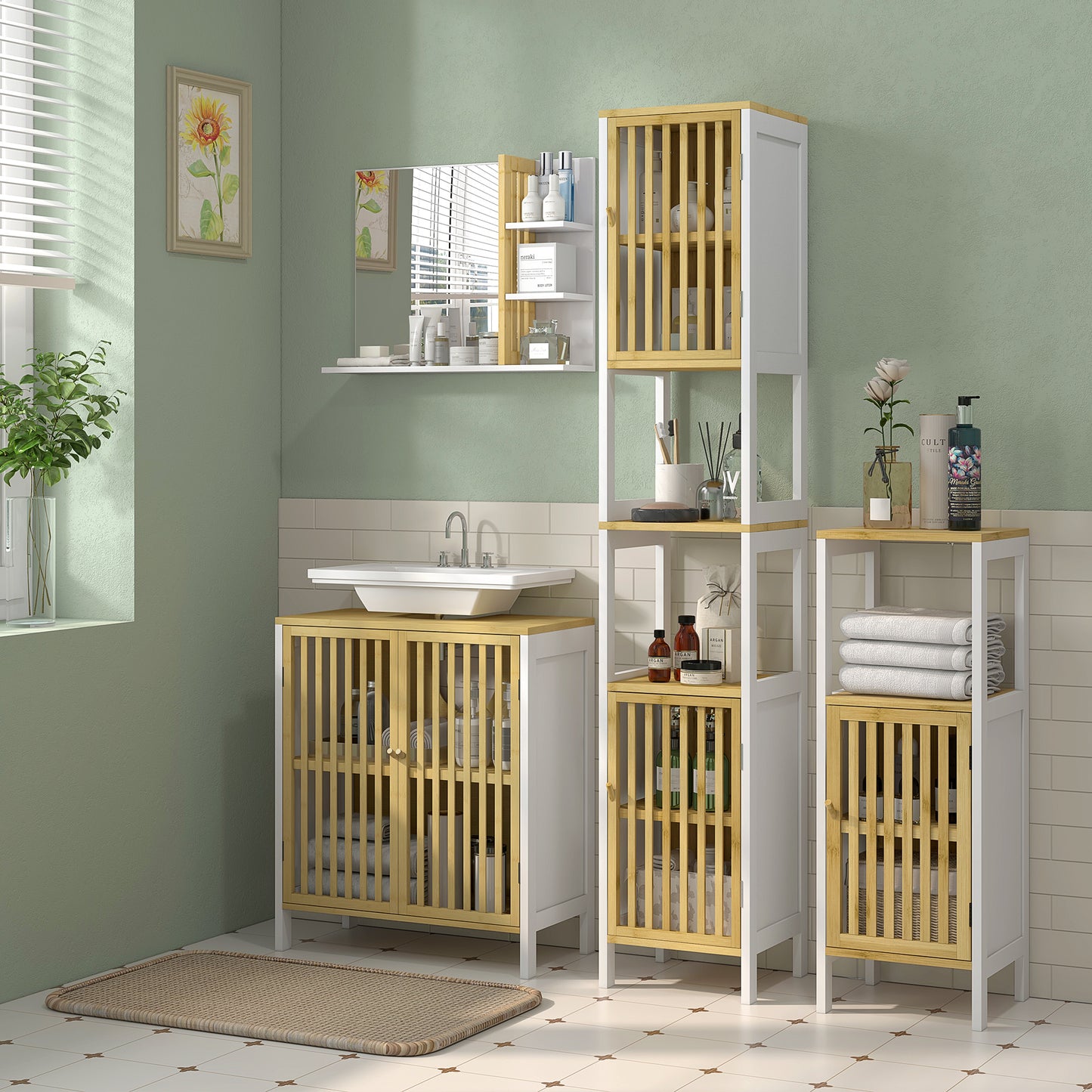 HOMCOM Bamboo-Blend Retro Cut-Out Under Sink Cabinet