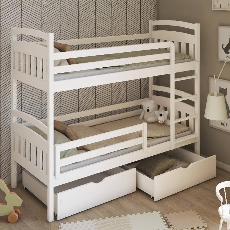 White bunk bed with storage drawers in a room setting