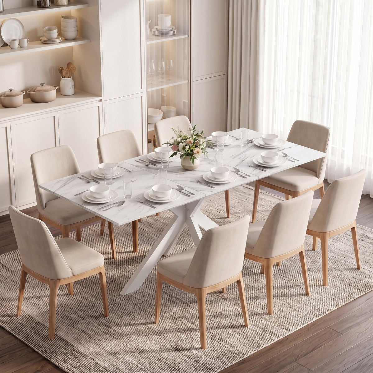 HOMCOM Extendable Dining Table Steel Cross Legs Steel Rails Space Saving White