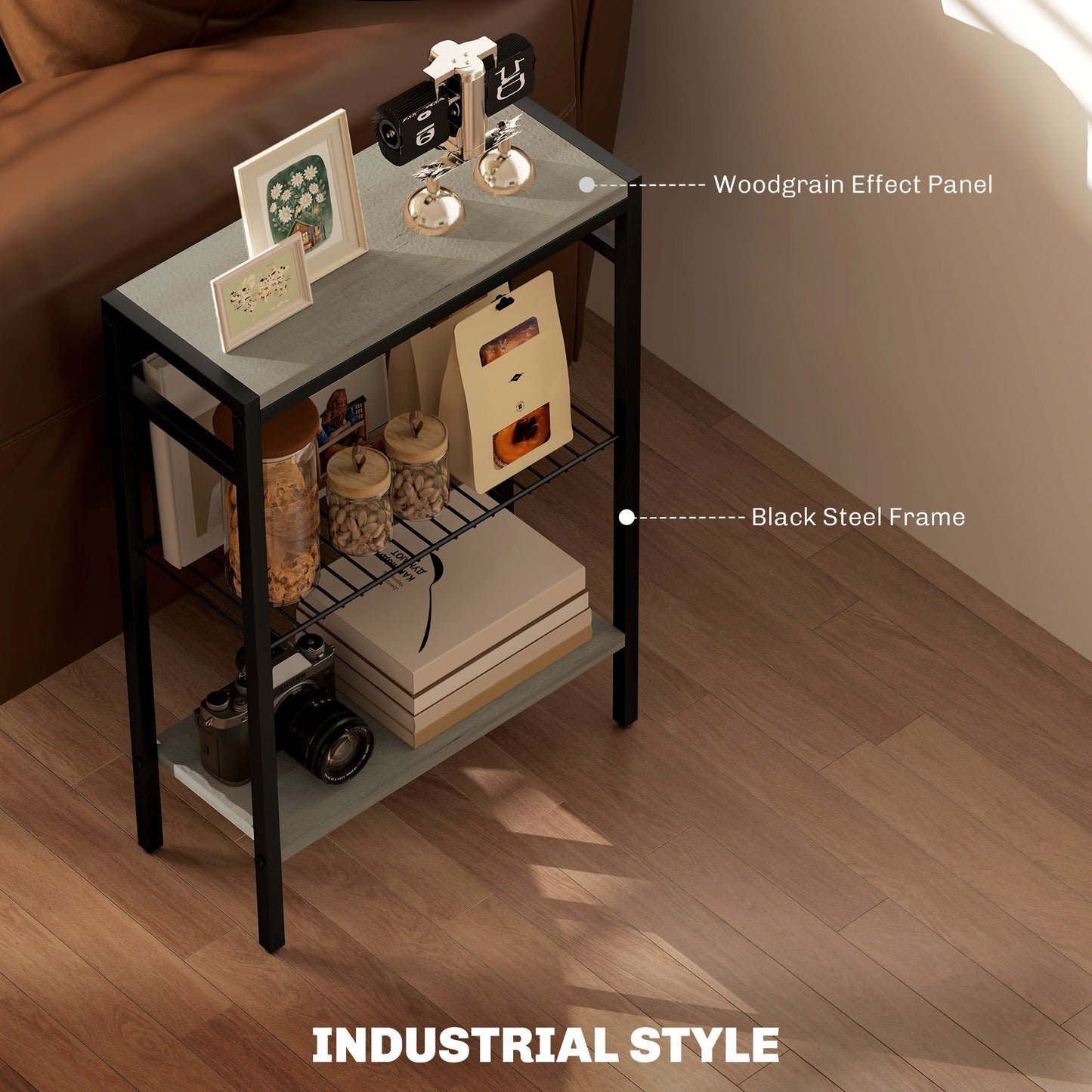 HOMCOM Three Shelf Industrial Side Table, Grey