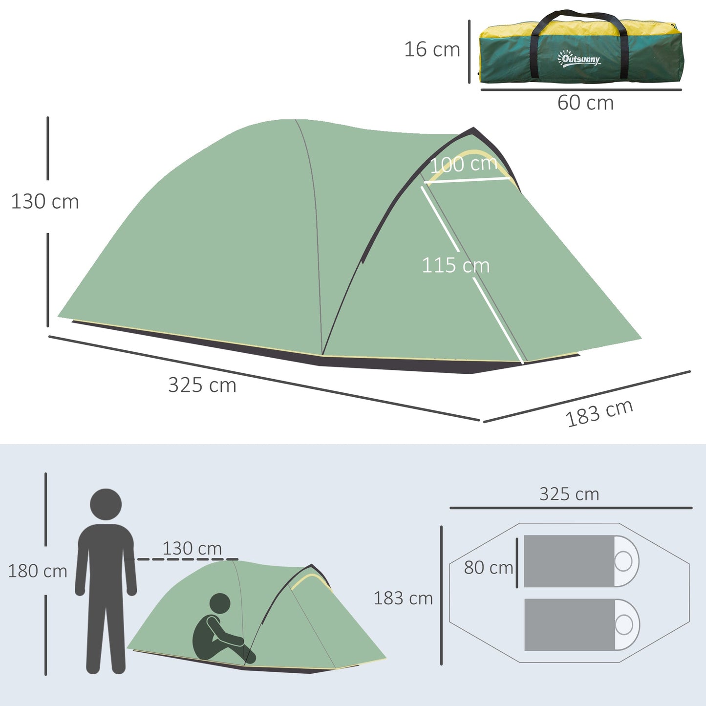 خيمة تخييم Outsunny Dome لشخصين مع نوافذ كبيرة، مقاومة للماء باللونين الأخضر والأصفر