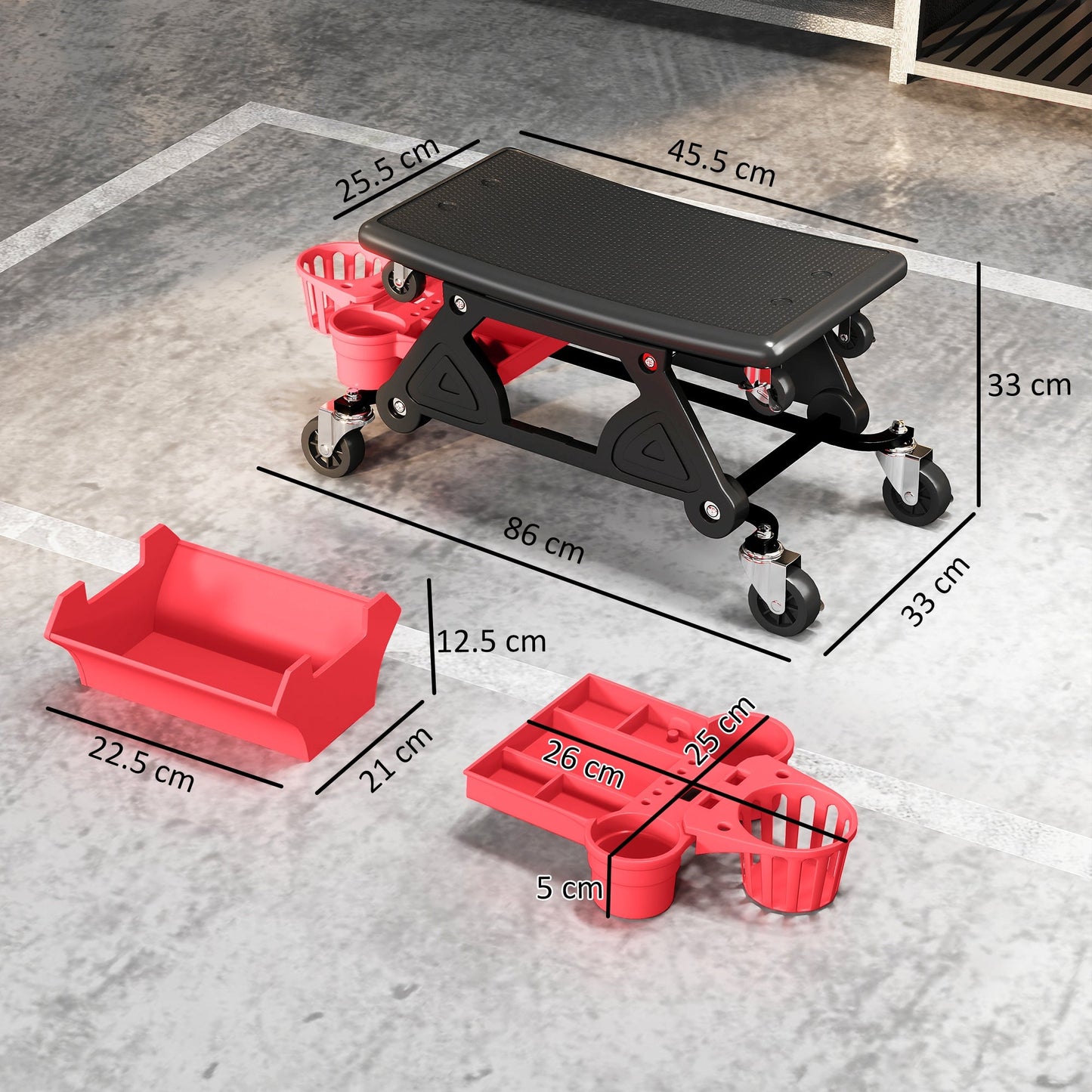 HOMCOM Rolling Mechanic Stool, 135kg Capacity Workshop Stool with 360 Swivel Wheels, Roller Creeper Seat with Slide Out Tool Trays, Drawer, Bottle Holders for Garage, Shop, Auto Repair, Red