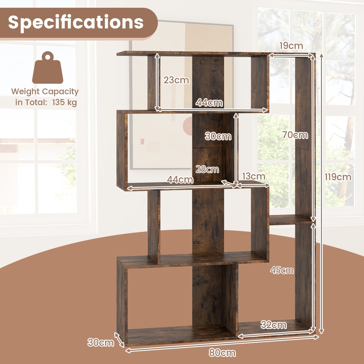 6-Cube Open-back Geometric Bookshelf with Anti-tip Kits-Coffee