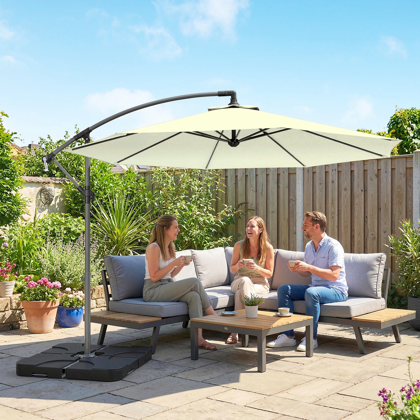 Outsunny 3m Overhanging Parasol, with Base, Weights and Cover - Beige
