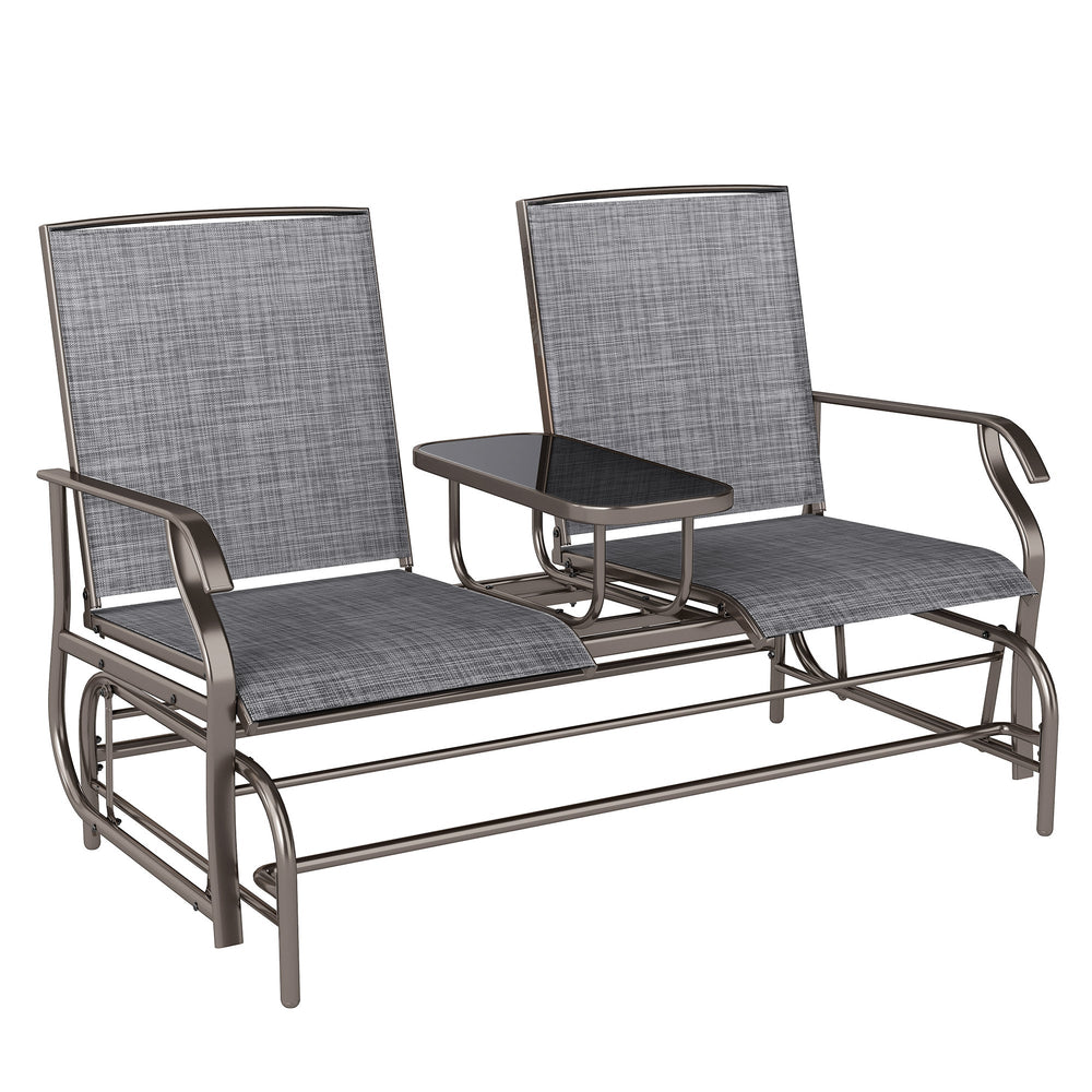 Outsunny 2 Seats Garden Glider Bench, Metal Frame Loveseat with Glass Top Centre Table, Porch Rocking Glider for 2 Person, for Deck, Patio, Brown/ Grey