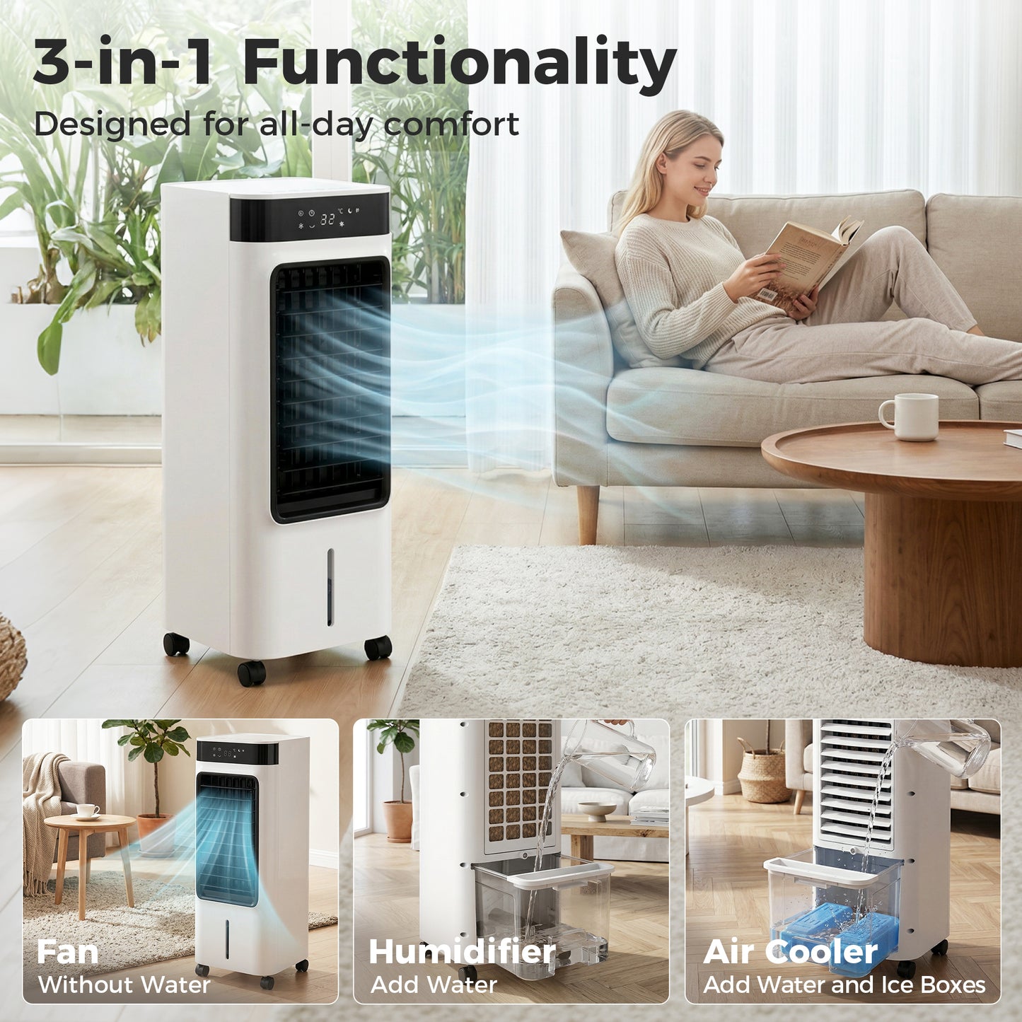 HOMCOM Portable Air Cooler, 3-In-1 Evaporative Air Cooler with 7 Litre Water Tank, 48° Oscillation, White