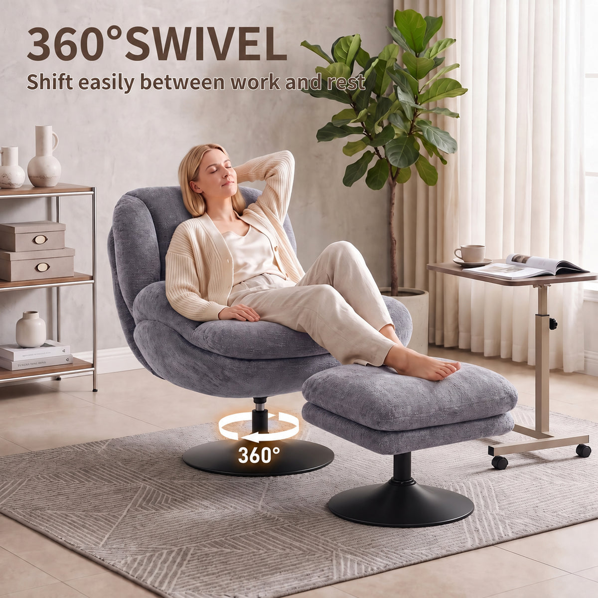 HOMCOM Modern Chenille Lazy Chair with Ottoman, 360° Swivel, Upholstered Reading Seat Set for Living Room, Dark Grey