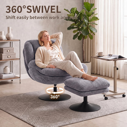 HOMCOM Modern Chenille Lazy Chair with Ottoman, 360° Swivel, Upholstered Reading Seat Set for Living Room, Dark Grey