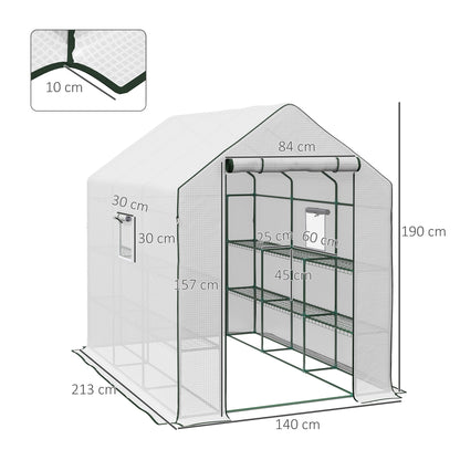 Outsunny Walk-in Greenhouse with 3 Tier 12 Shelves, Small Greenhouse with Reinforced PE Cover, Garden Plant Growhouse with Roll-up Door and Three Mesh Windows, 140 x 213 x 190 cm, White