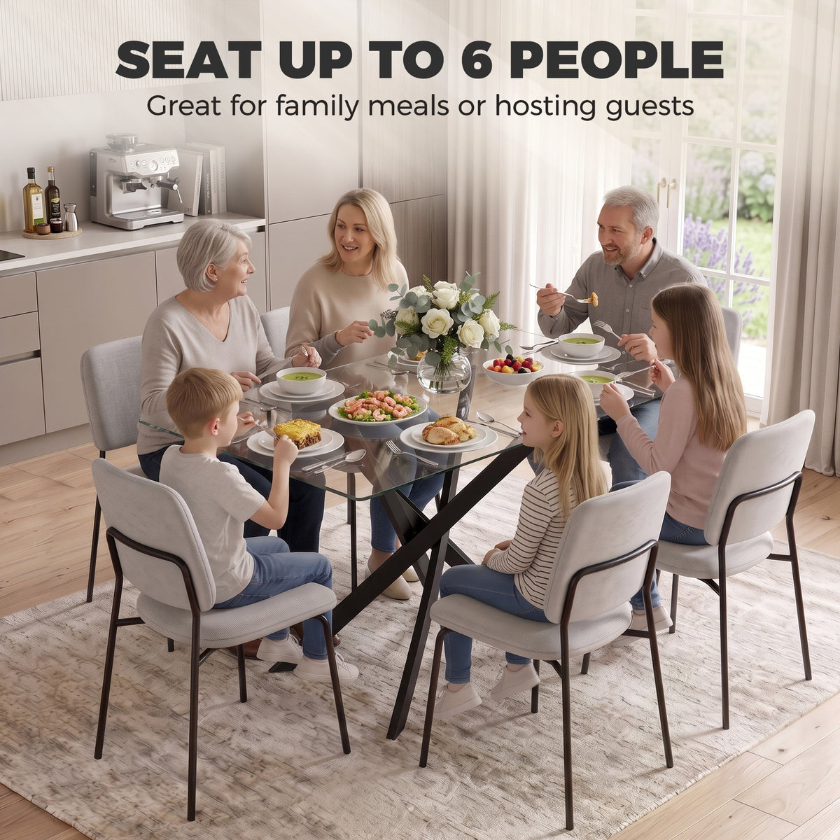 HOMCOM Rectangular Dining Table for 6 People, 120cm Modern Kitchen Table with Tempered Glass Top and Cross Steel Legs, Clear