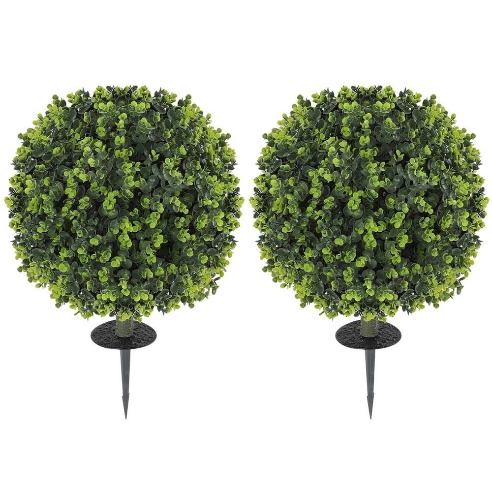 HOMCOM Set of 2 40 cm Artificial Boxwood Topiary Ball Bush with Integrated Ground Stake, Eucalyptus Leaves, Indoor Outdoor UV Resistant Faux Greenery, Faux Plants for Garden, Porch, Balcony