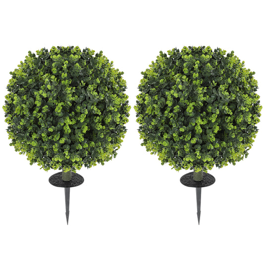HOMCOM Set of 2 40 cm Artificial Boxwood Topiary Ball Bush with Integrated Ground Stake, Eucalyptus Leaves, Indoor Outdoor UV Resistant Faux Greenery, Faux Plants for Garden, Porch, Balcony