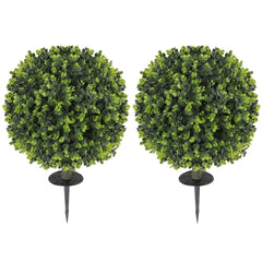 HOMCOM Set of 2 40 cm Artificial Boxwood Topiary Ball Bush with Integrated Ground Stake, Eucalyptus Leaves, Indoor Outdoor UV Resistant Faux Greenery, Faux Plants for Garden, Porch, Balcony