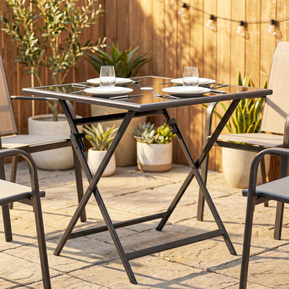 Outsunny Folding Outdoor Dining Table, Square Garden Table Tempered Glass Top with Parasol Hole Garden Patio, 70 x 70 x 70 cm
