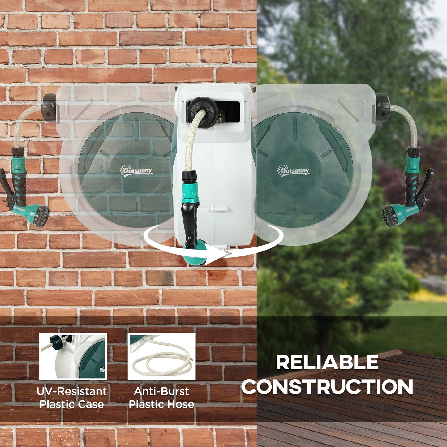 Outsunny Retractable Hose Reel Wall Mounted, 20+2m Garden Hose Pipe Reel with Lock, Auto Rewind, 7 in 1 Spray Nozzle, Includes Wall Fixings, 180 Swivel, Outdoor Watering, Light Grey