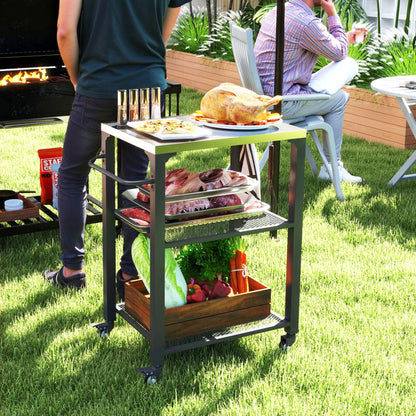 Outsunny Three-Shelf Outdoor Grill Cart with Stainless Steel Top, Outdoor Kitchen Island with 4 Wheels, 3 Hooks, Movable Food Prep Barbecue Pizza Oven Table for Kitchen, Garden, 65.5 x 41 x 79 cm