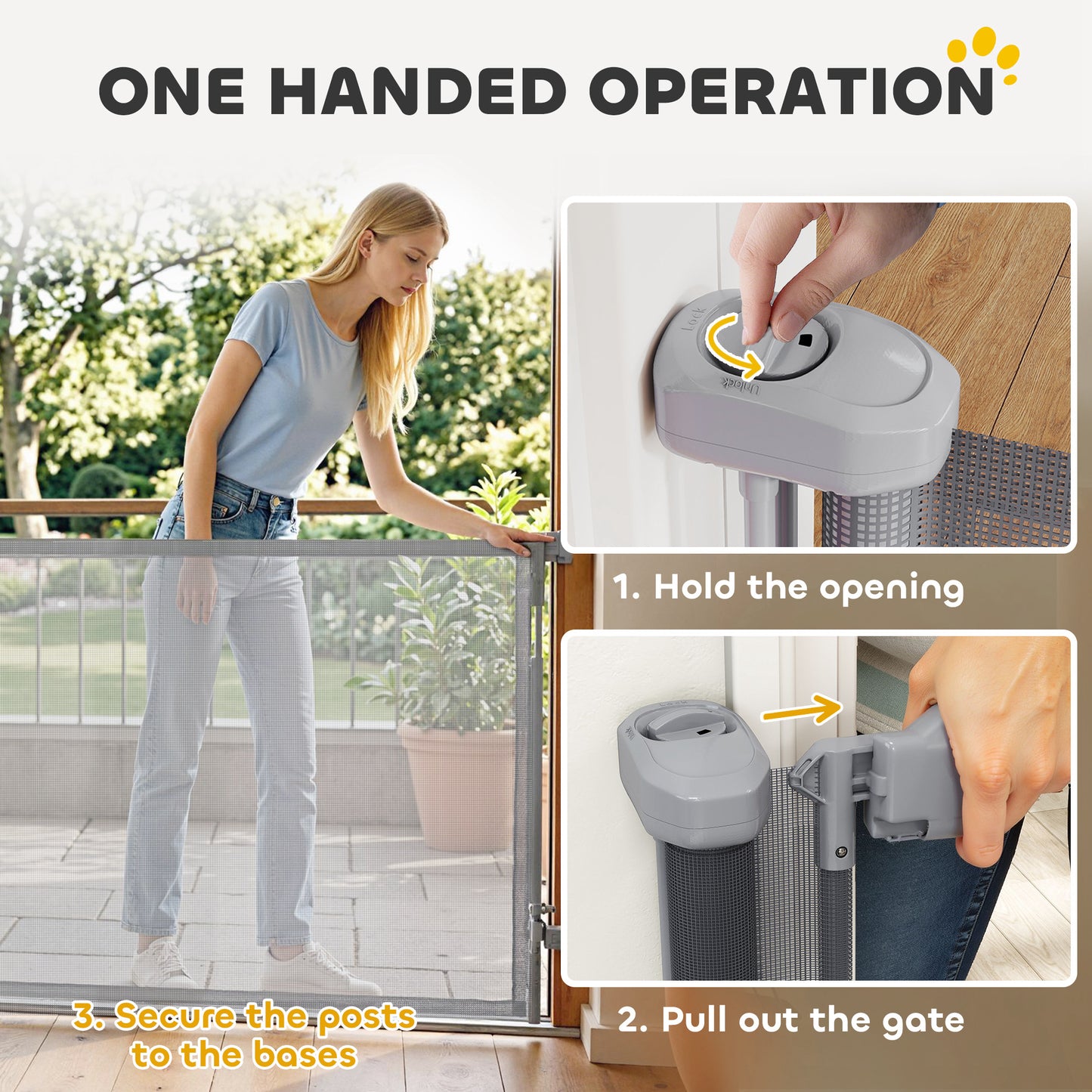 PawHut Retractable Dog Gate, Extends to 300 cm Wide & 104 cm Tall, Mesh Pet Gate Single Hand Operation, for Stairs Doorways