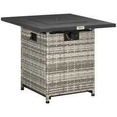 Outsunny Outdoor PE Rattan Gas Fire Pit Table, Patio Square Propane Heater with Rain Cover, Mesh Lid and Lava Stone, 40,000 BTU, Mixed Grey