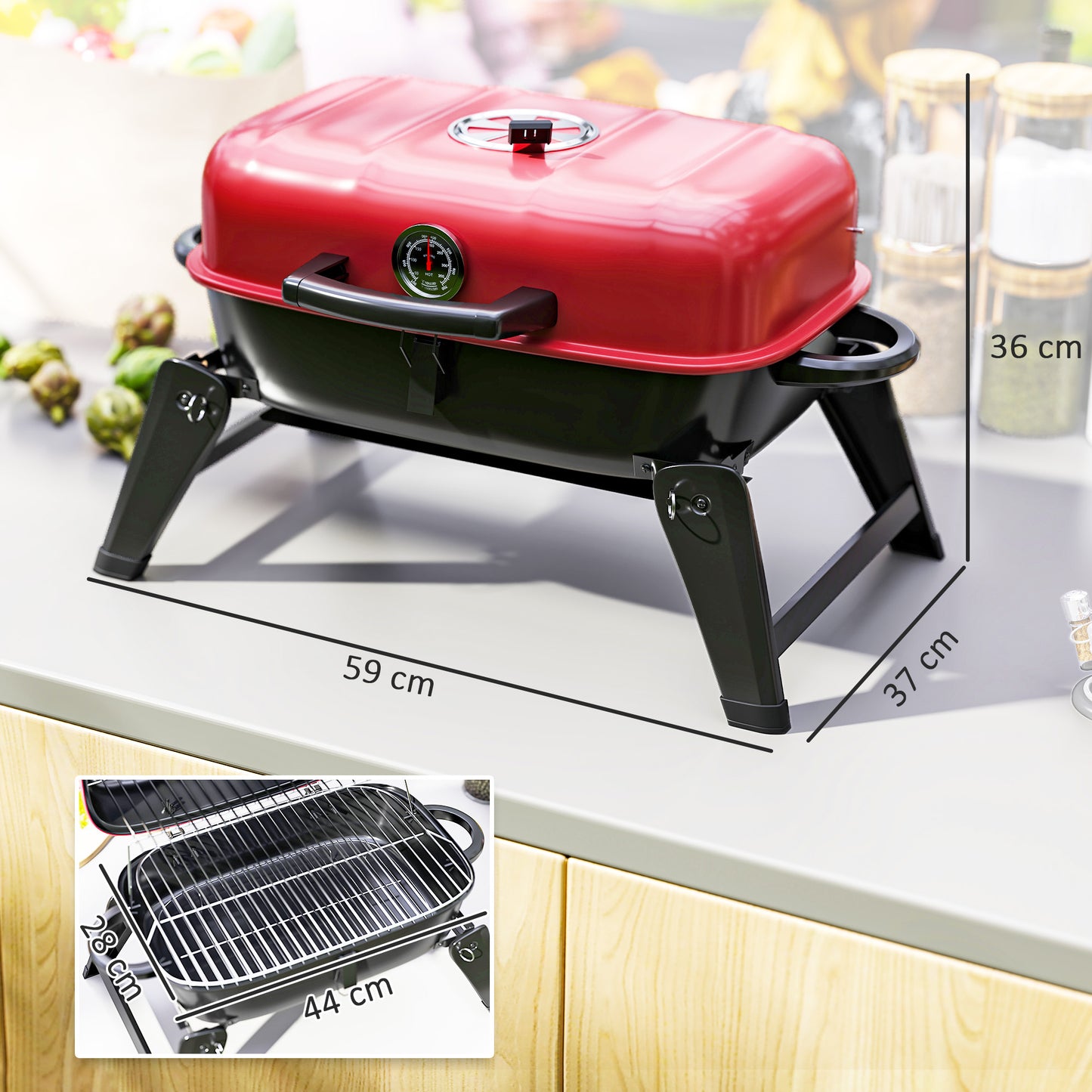 Outsunny Charcoal Barbecue Grill Folding BBQ Grill with 1232 cmÂ² Cooking Area, Adjustable Vent, Thermometer, Handles for Camping Picnic, Red