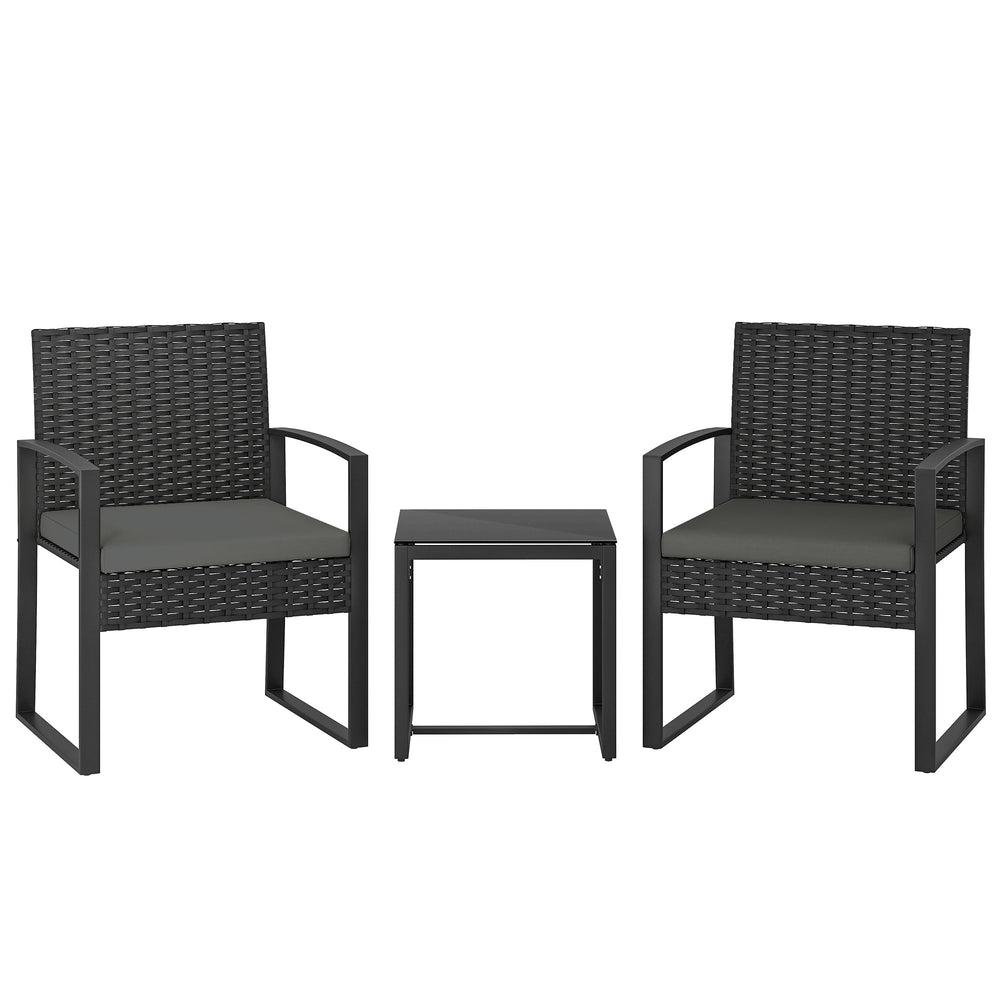 Outsunny Rattan Bistro Set, 3 Piece Garden Furniture Set with Glass Top Table and Cushions, Dark Grey