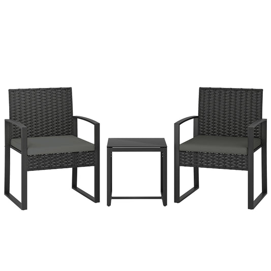 Outsunny Rattan Bistro Set, 3 Piece Garden Furniture Set with Glass Top Table and Cushions, Dark Grey