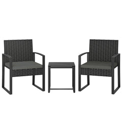 Outsunny Rattan Bistro Set, 3 Piece Garden Furniture Set with Glass Top Table and Cushions, Dark Grey