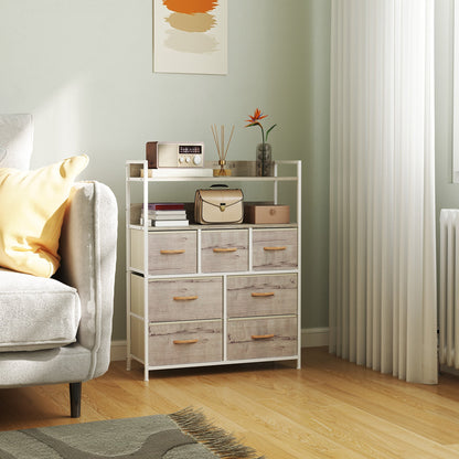 HOMCOM Rustic Chest of Seven Fabric Drawers - Natural Wood Finish