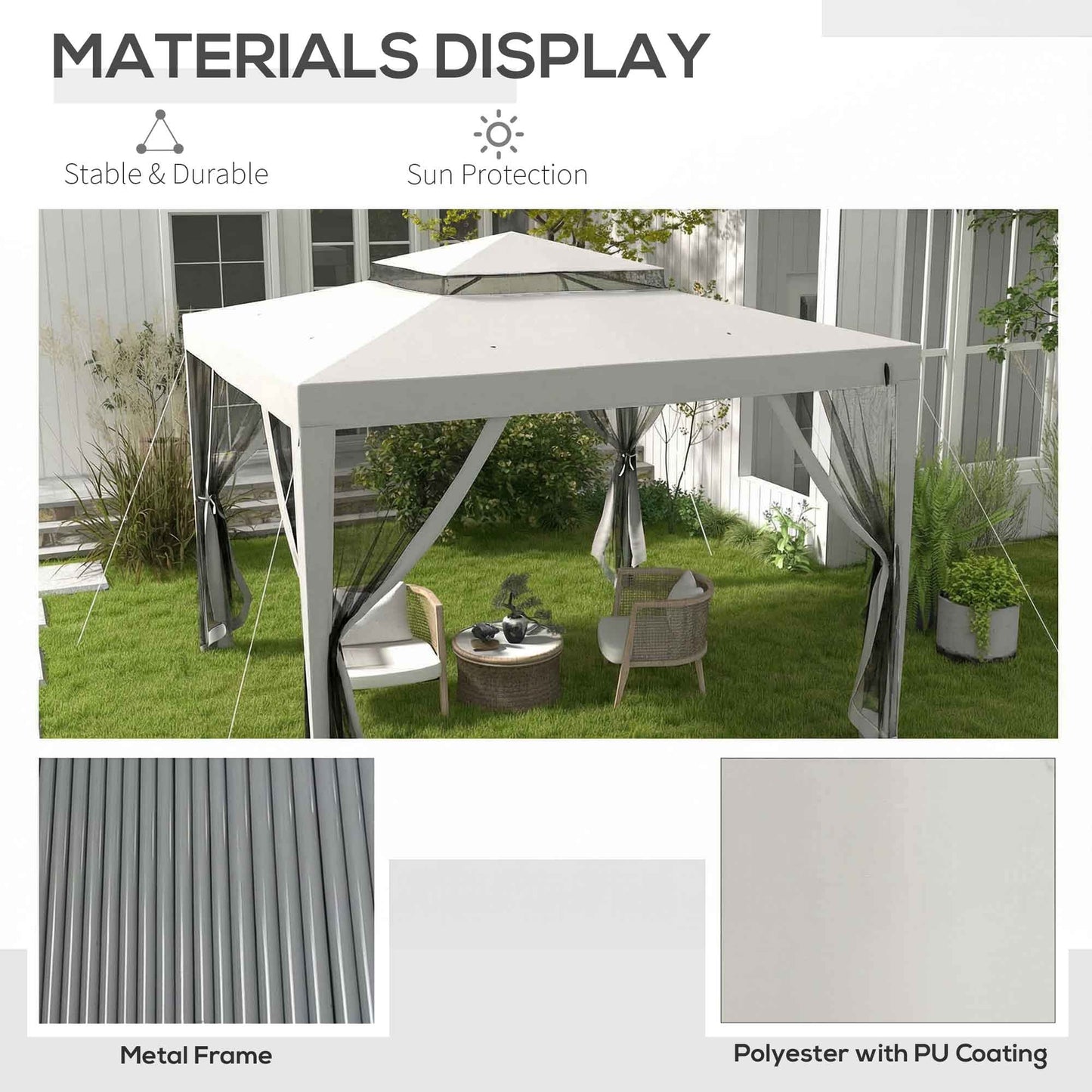 Outsunny 3 x 3 m Gazebo, Netting Party Tent, Patio Canopy Outdoor Event Shelter with Double Tier Roof, Light Grey