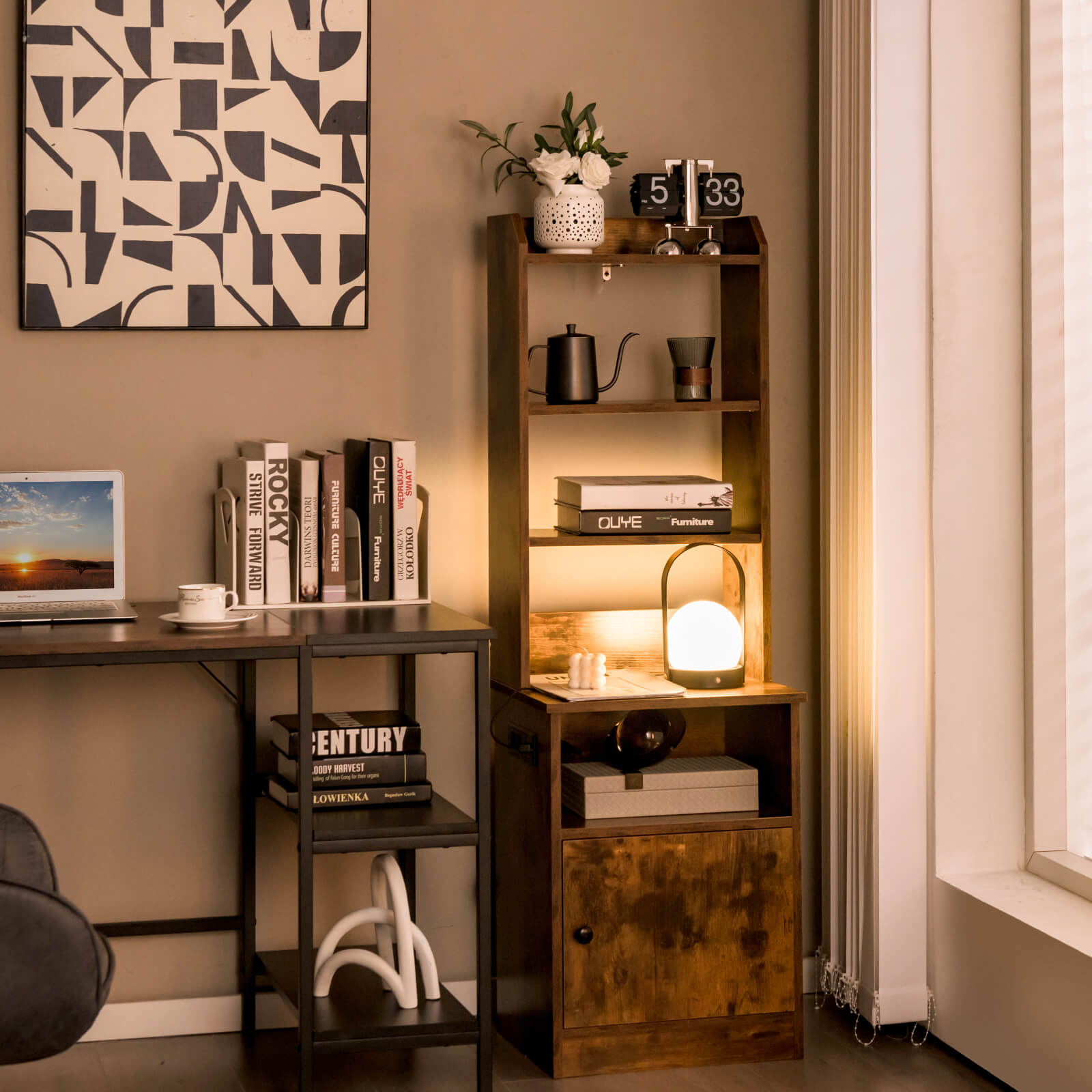 6-Tier Nightstand with Charging Station Tall with Shelf and Cabinet-Rustic Brown