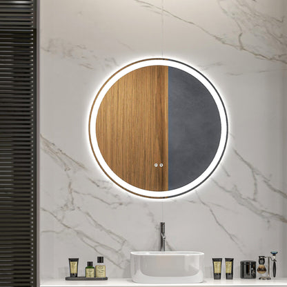 kleankin Round Bathroom Mirror with LED Lights, Wall Mount Dimmable Makeup Mirror with 3 Temperature Colours, Defogging Film and Memory Function, Frameless, Hardwired, 60 x 60 cm