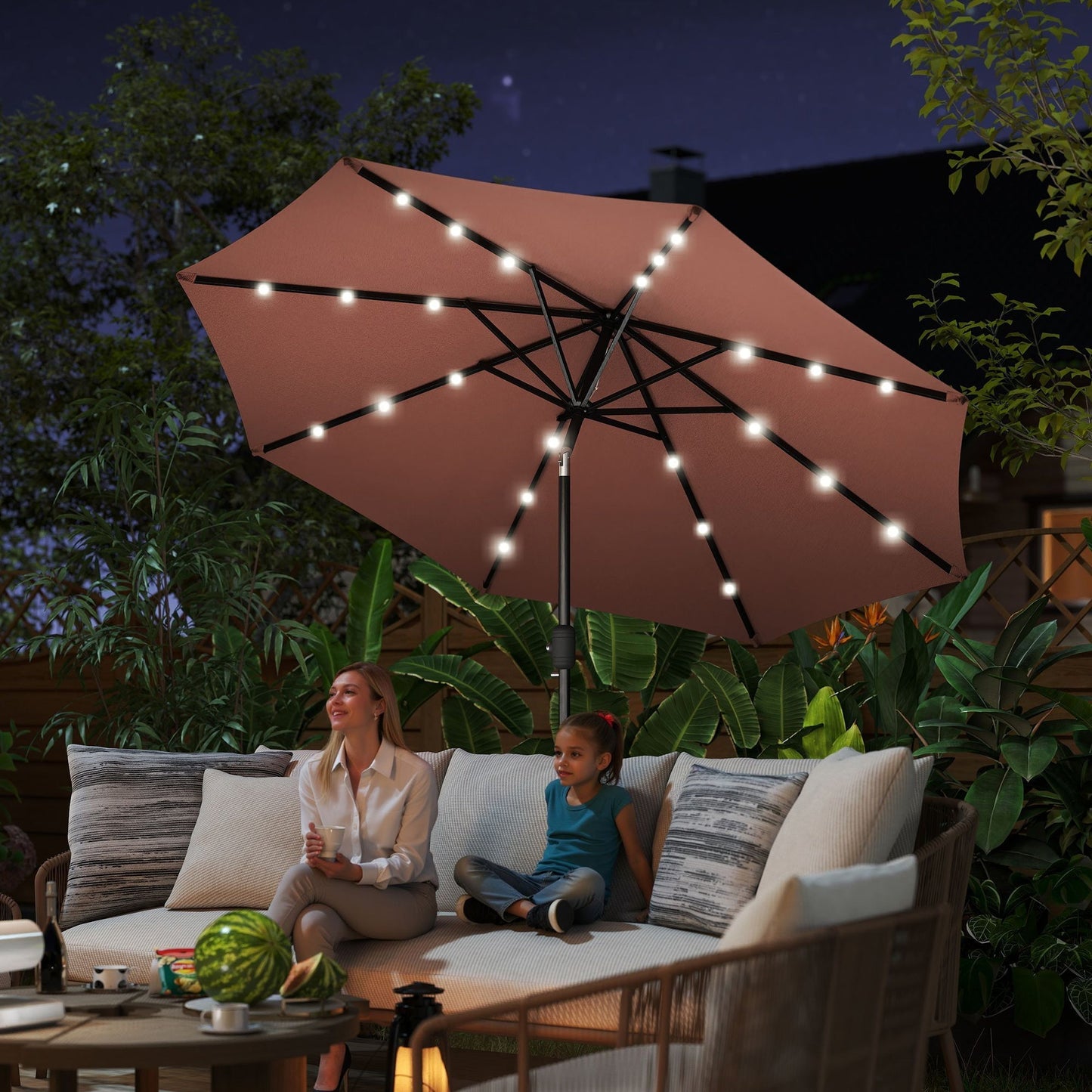 Outsunny a2.7m Garden 24 LED Light Parasol Solar Outdoor Tilt Sun Umbrella Patio Club Party Event Manual Sun Shade w/ Hand Crank and 8 Ribs, Brown