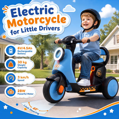 6V Battery Powered Ride on Motorcycle with Light-Up Deck and Music for Kids Aged 3+-Blue