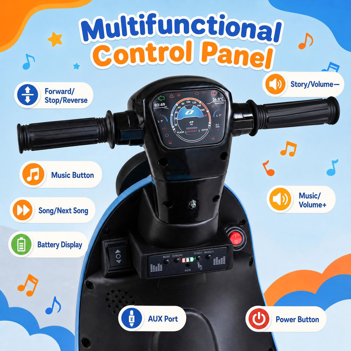 6V Battery Powered Ride on Motorcycle with Light-Up Deck and Music for Kids Aged 3+-Blue