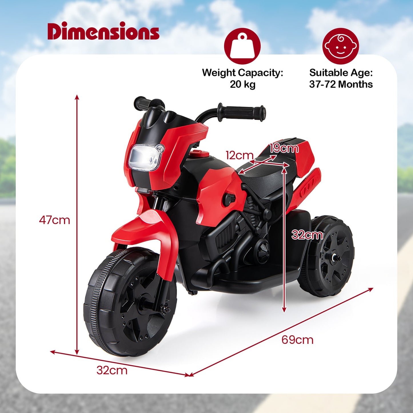 6V Kids 3-Wheel Ride on Motorbike with LED Headlight for Boys Girls Aged 37-72 Months-Red
