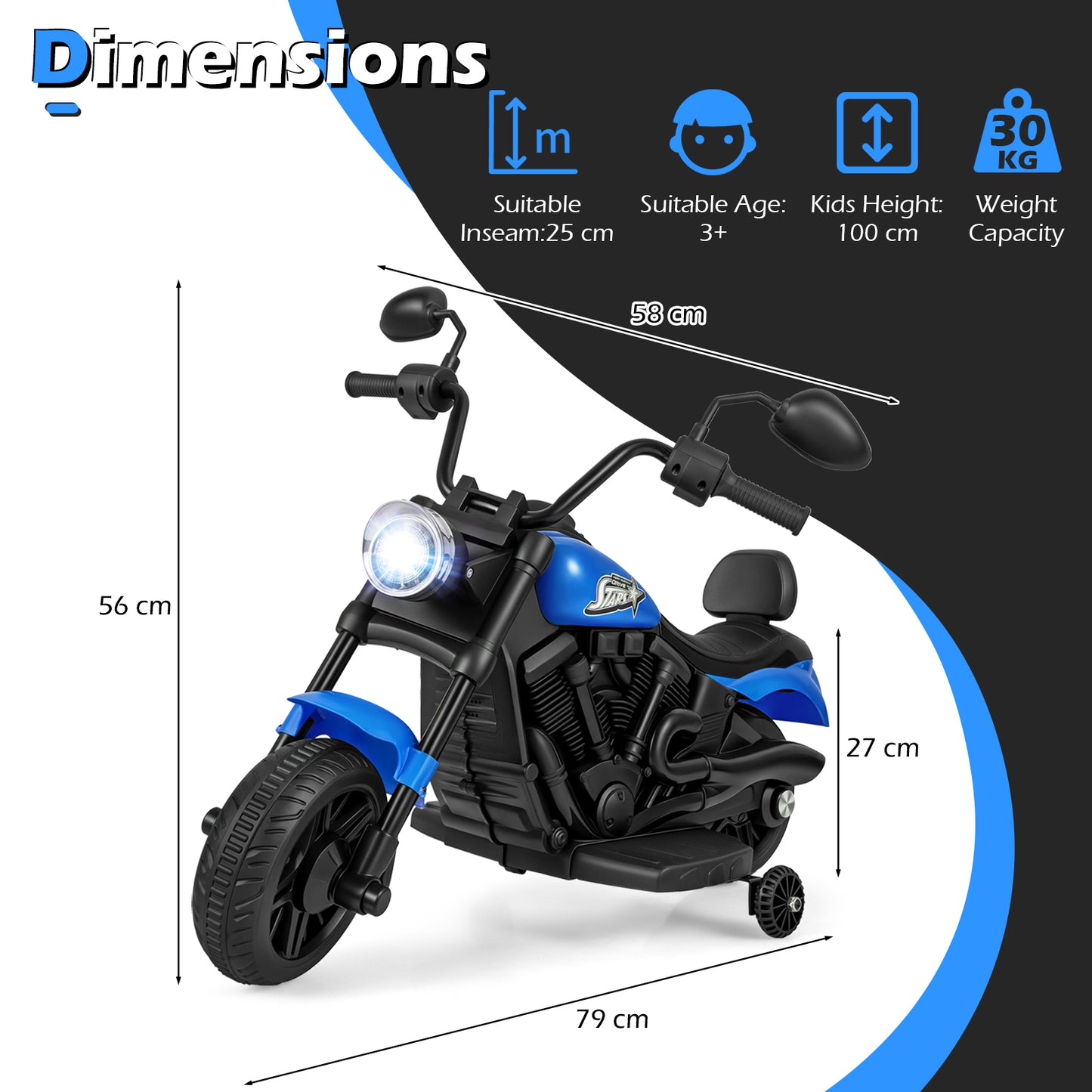 6V Kids Electric Motorbike with Detachable Training Wheels and Music-Navy