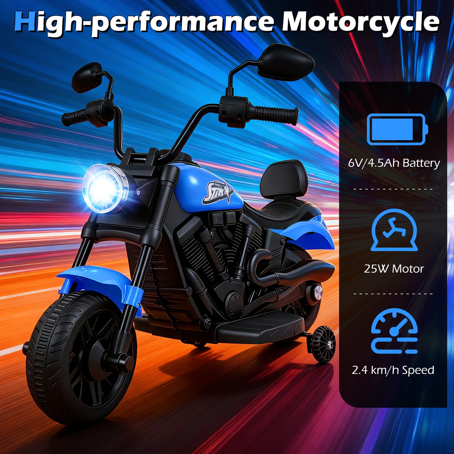 6V Kids Electric Motorbike with Detachable Training Wheels and Music-Navy