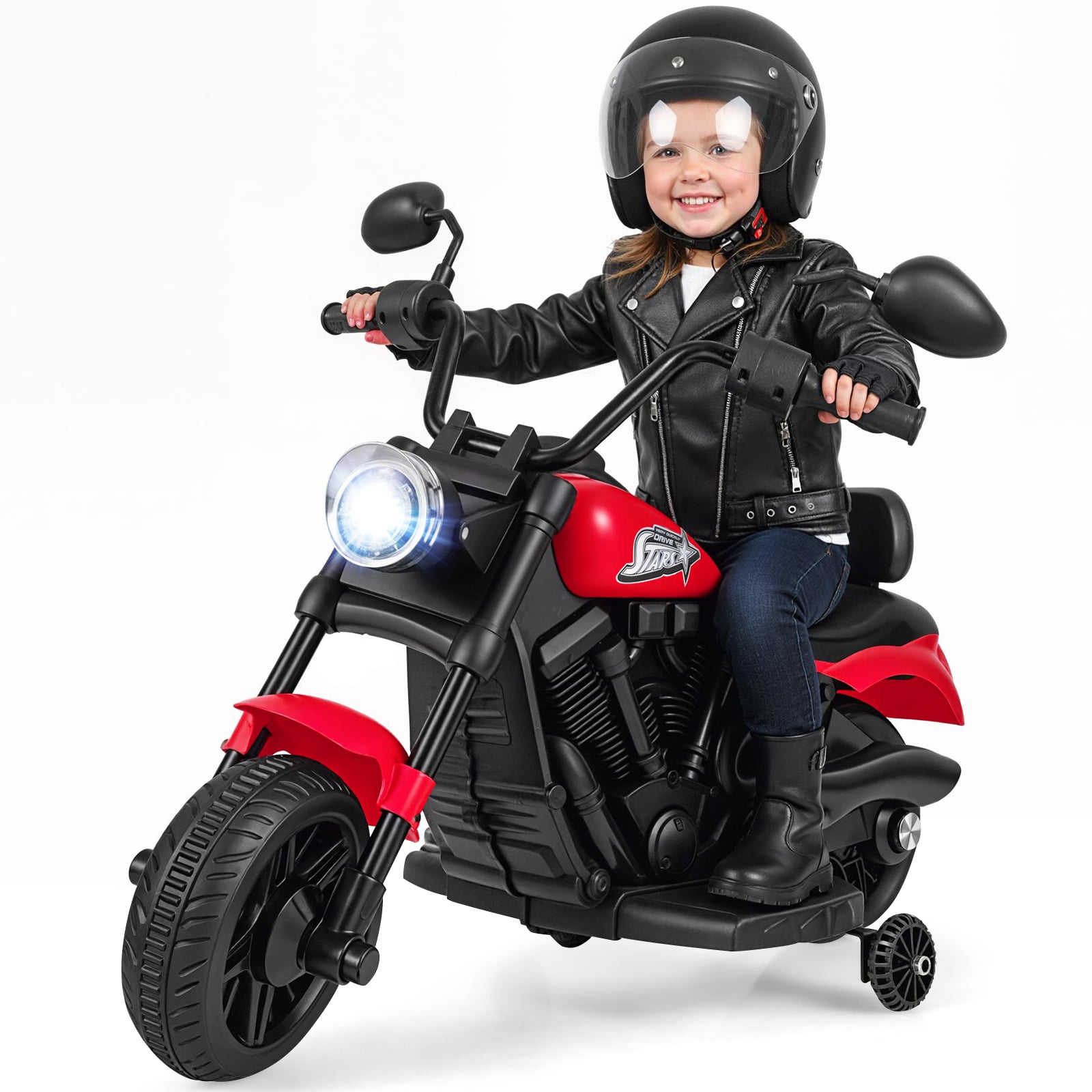 6V Kids Electric Motorbike with Detachable Training Wheels and Music-Red
