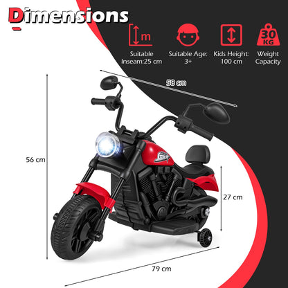 6V Kids Electric Motorbike with Detachable Training Wheels and Music-Red